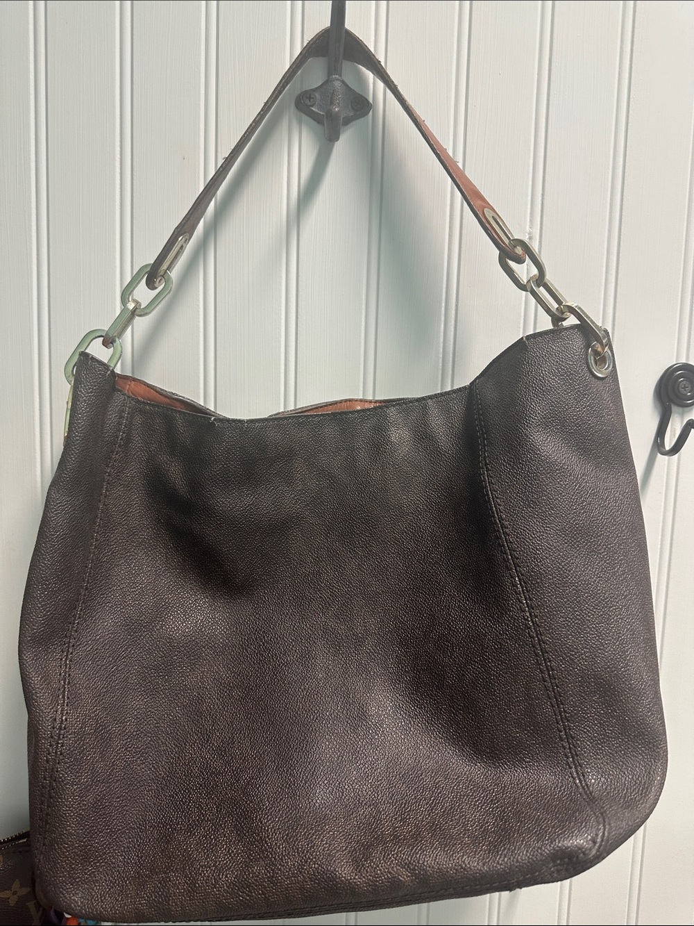 Michael Kors Dark Brown Leather Shoulder Hobo with Tan Accent